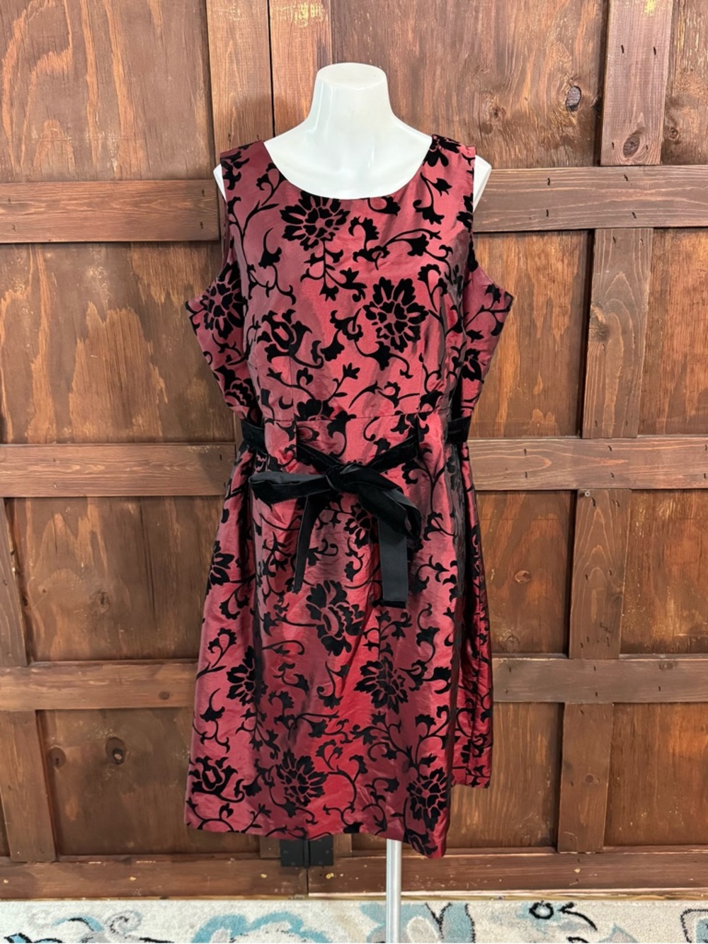 Red Velvet Burnout Midi Dress with Black Floral Overlay